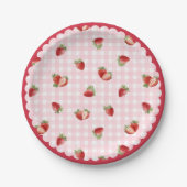 Fresh Strawberry with Pink Gingham Pattern ペーパープレート (正面)