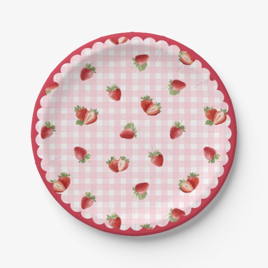 Fresh Strawberry with Pink Gingham Pattern ペーパープレート (正面)