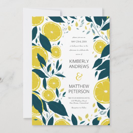 Fresh summer botanical citrus lemons fruit Wedding 招待状 (正面)
