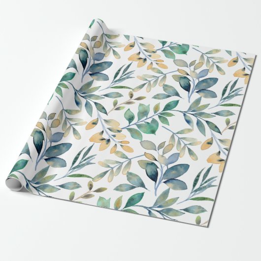 Fresh Watercolor Green and Yellow Leaf Pattern ラッピングペーパー (アンロールド)