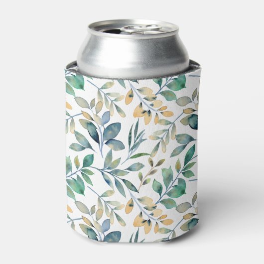 Fresh Watercolor Green and Yellow Leaf Pattern 缶クーラー (缶正面)