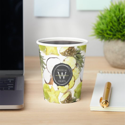 Fresh Watercolor Tropical Fruits Monogram Pattern 紙コップ (インサイチュ)