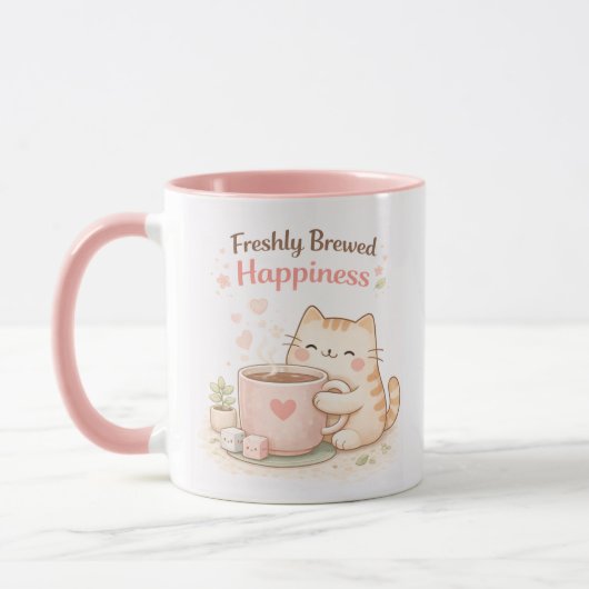 Freshly Brewed Kawaii Cute Kitty Cat Coffee Pink マグカップ (左)
