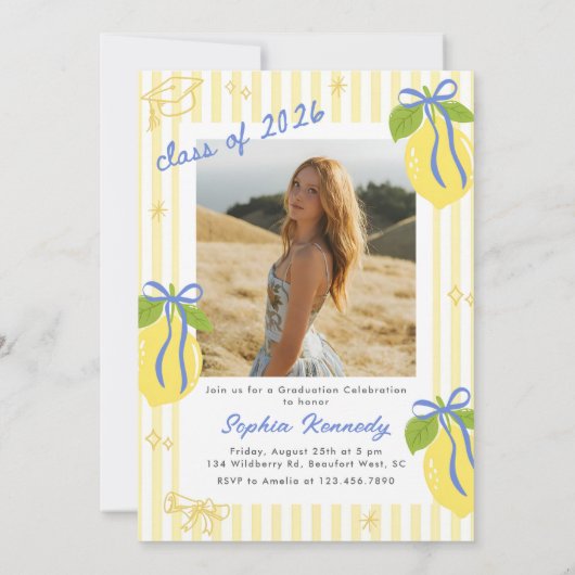 Freshly Graduated Lemon Blue Bow Graduation 招待状 (裏面)