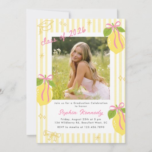 Freshly Graduated Lemon Pink Bow Graduation 招待状 (裏面)