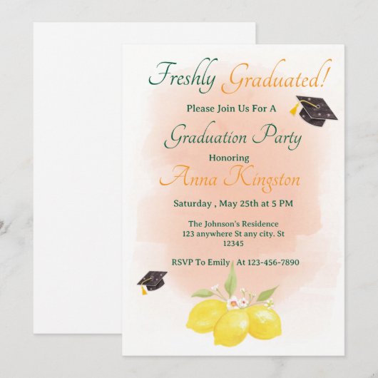 Freshly Graduated Lemon Pink Graduation Invitation 招待状 (正面/裏面)