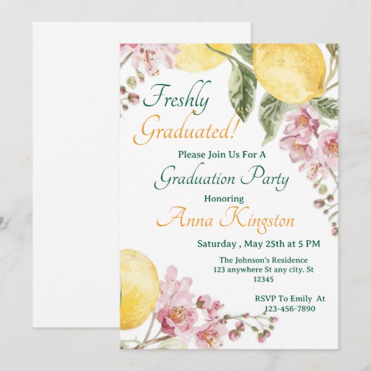 Freshly Graduated Lemon Pink Graduation Invitation 招待状 (正面/裏面)