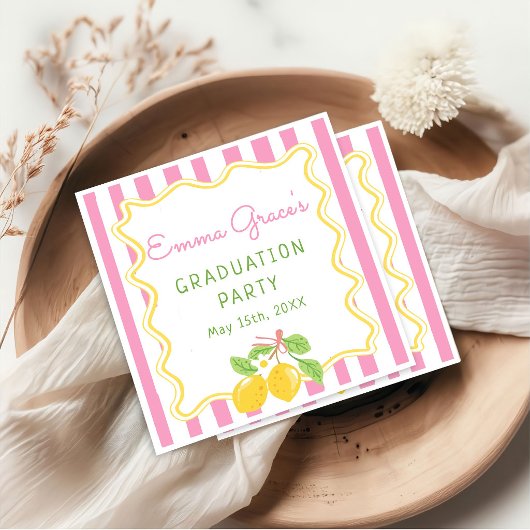 Freshly Graduated Lemon Pink Stripes Grad Napkins スタンダードカクテルナプキン