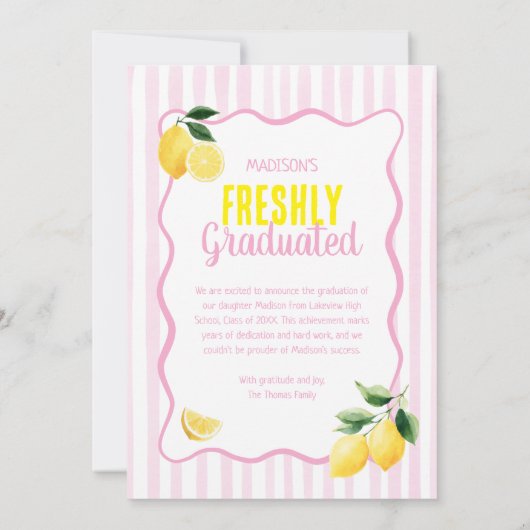Freshly Graduated Lemon Pink Stripes Graduation 案内状 (裏面)