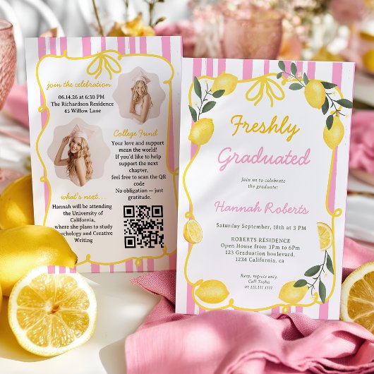 Freshly Graduated Pink Lemon Yellow Bow Photo QR 招待状