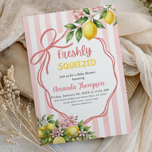 Freshly Squeezed Lemonade Pink Bow Baby Shower 招待状