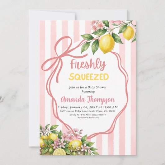 Freshly Squeezed Lemonade Pink Bow Baby Shower 招待状 (正面)