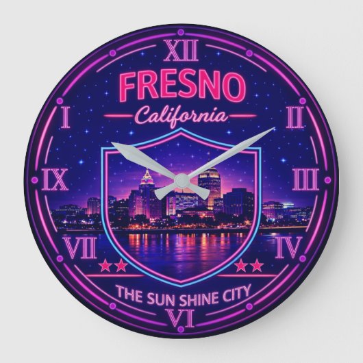 Fresno California Downtown Skyline ラージ壁時計 (正面)