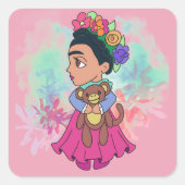 Frida cartoon with Monkey スクエアシール (正面)