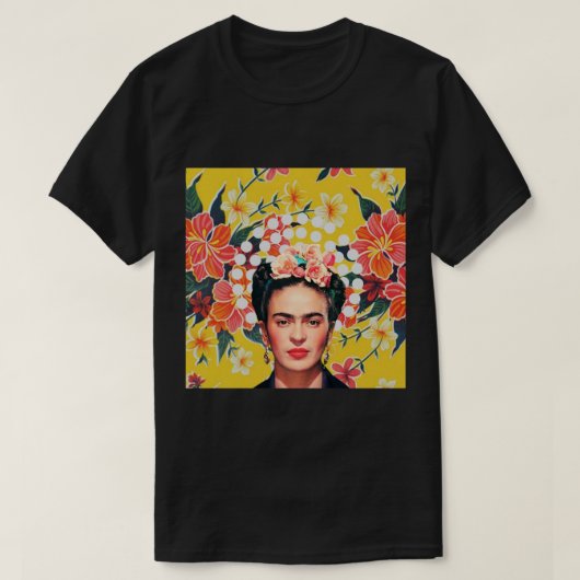 Frida Kahloプリント、花、黄土色メキシコ Tシャツ (デザイン正面)