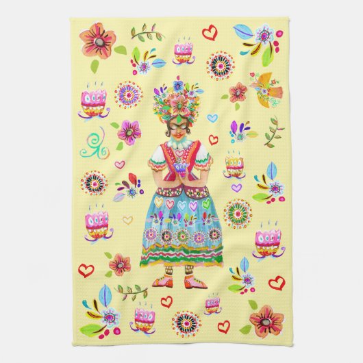 Frida Kahlo Flower Folk Art Inspiration キッチンタオル (縦)