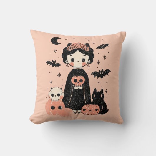 Frida Kahlo Pink Pasteloween Spooky Cute Halloween クッション (正面)