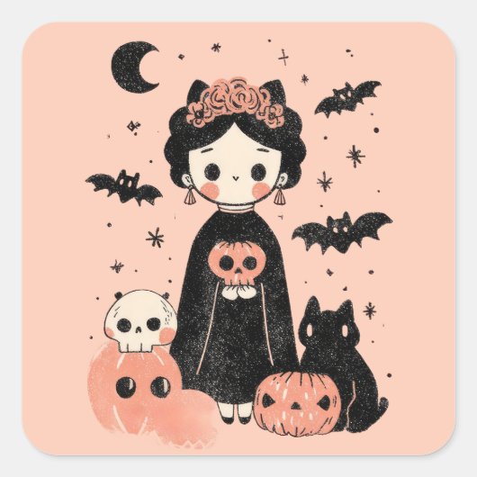 Frida Kahlo Pink Pasteloween Spooky Cute Halloween スクエアシール (正面)