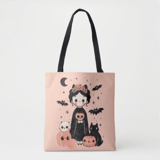 Frida Kahlo Pink Pasteloween Spooky Cute Halloween トートバッグ (正面)