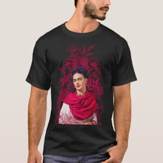 Frida Kahlo portrait color, pink flowers, black ba Tシャツ