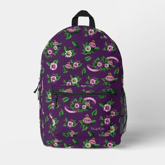 Frida Kahlo | Purple Floral Bouquet Pattern プリントバックパック (正面)