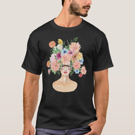 Frida Kahlo Watercolor Portrait - Head of Flowers  Tシャツ (正面)