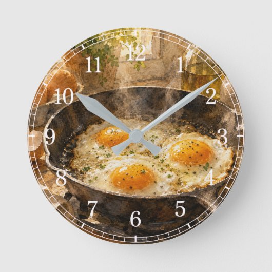 Fried Eggs in a Pan Wall Clock — Fun Kitchen Desig ラウンド壁時計 (正面)