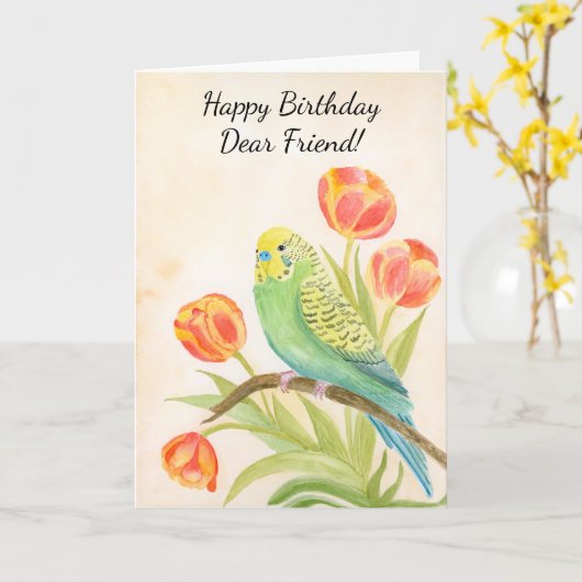 Friend Happy Birthday Parakeet with Tulips カード (黄色い花)