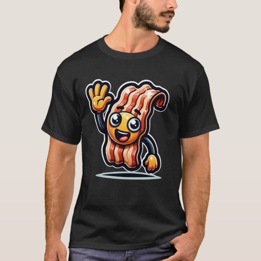 Friendly Cartoon Bacon Character Waving Animated F Tシャツ (正面)