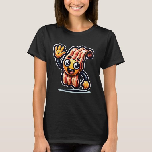 Friendly Cartoon Bacon Character Waving Animated F Tシャツ (正面)