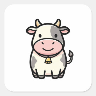 Friendly Cow – Cute Kawaii Animal Illustration スクエアシール