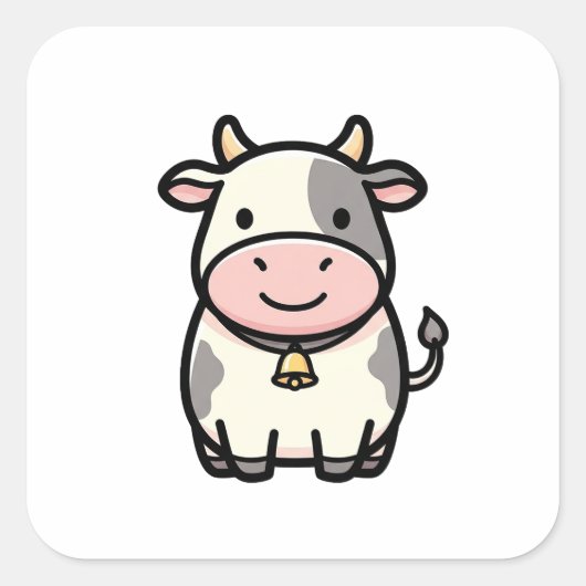 Friendly Cow – Cute Kawaii Animal Illustration スクエアシール (正面)