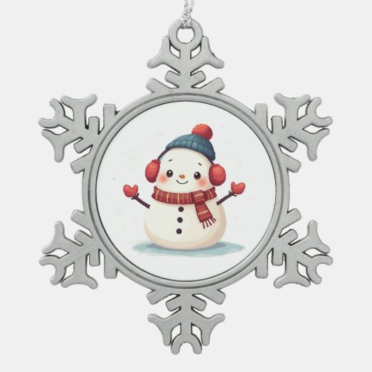 Friendly Cozy Kawaii Snowman Snowflake スノーフレークピューターオーナメント (正面)