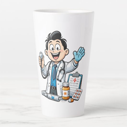 Friendly Doctor Mascot Medical Cartoon Design カフェラテマグ (正面)