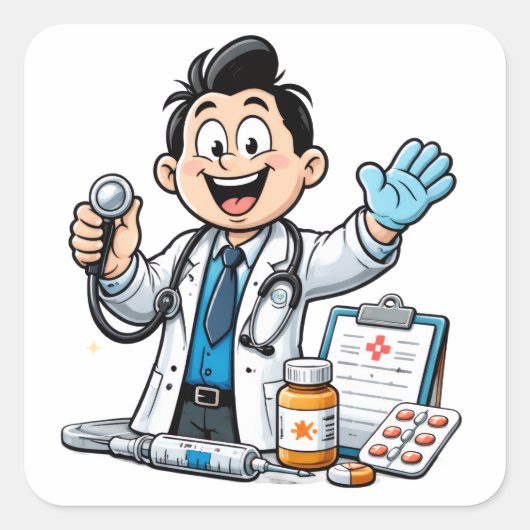 Friendly Doctor Mascot Medical Cartoon Design スクエアシール (正面)