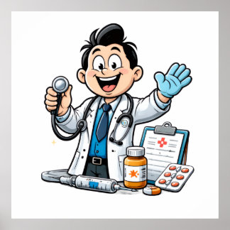 Friendly Doctor Mascot Medical Cartoon Design ポスター