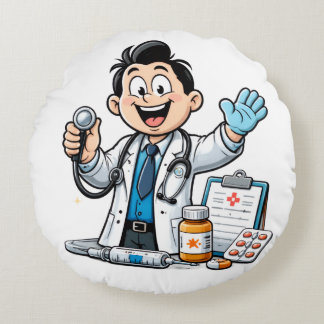 Friendly Doctor Mascot Medical Cartoon Design ラウンドクッション