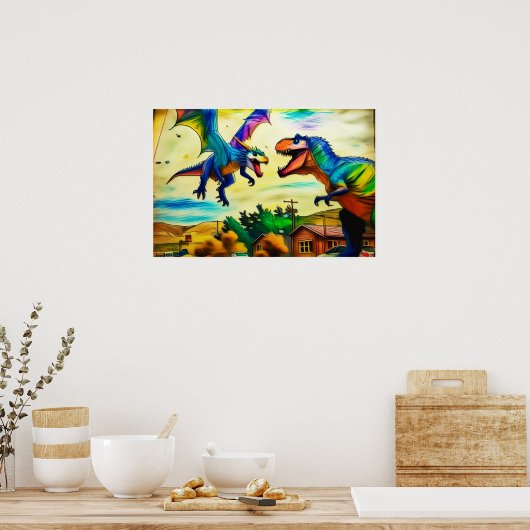 Friendly Encounter - Dragon and Dinosaur ポスター (キッチン)