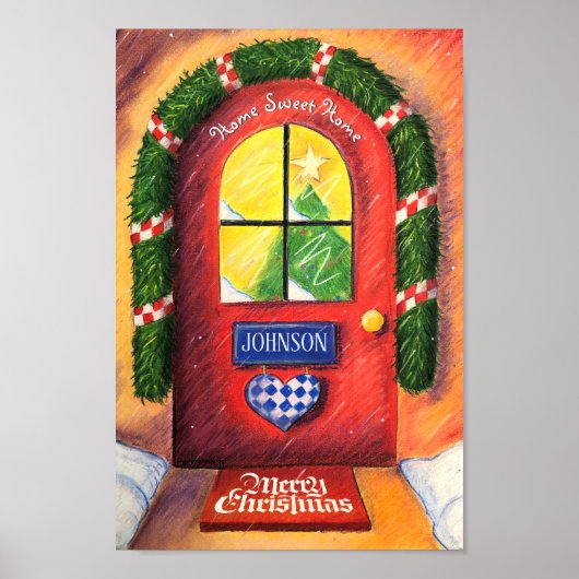 Friendly Red Merry Christmas Front Door Cozy Home ポスター (正面)