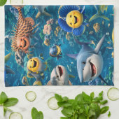 Friendly shark and friends underwater tea towel キッチンタオル (折り畳み)
