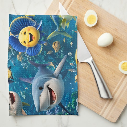 Friendly shark and friends underwater tea towel キッチンタオル (四つ折り)