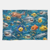 Friendly shark and friends underwater tea towel キッチンタオル (横)