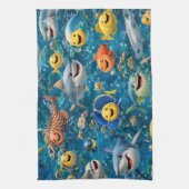 Friendly shark and friends underwater tea towel キッチンタオル (縦)