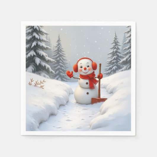 Friendly Snowman with a Red Shovel スタンダードカクテルナプキン (正面)