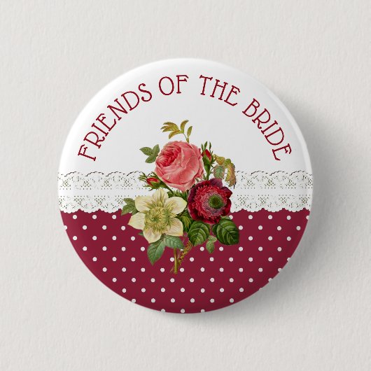 FRIENDS OF THE BRIDE Burgundyバラ結婚のボタン 缶バッジ (正面)