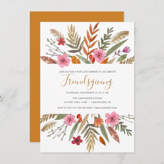 FRIENDSGIVINGの夕食の招待の水彩画の群葉 招待状 (正面/裏面)