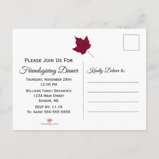 Friendsgivingの夕食の秋の赤は招待状を残します インビテーションポストカード (裏面)
