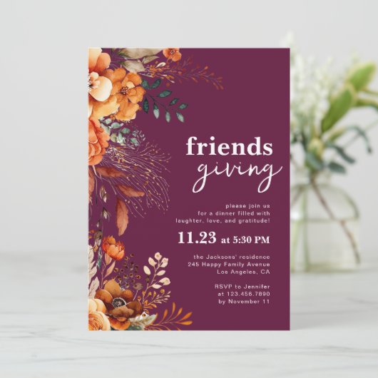 Friendsgiving dinner classy burgundy floral  招待状 (スタンド正面)