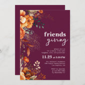 Friendsgiving dinner classy burgundy floral  招待状 (正面/裏面)