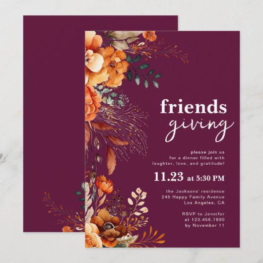 Friendsgiving dinner classy burgundy floral  招待状 (正面/裏面)